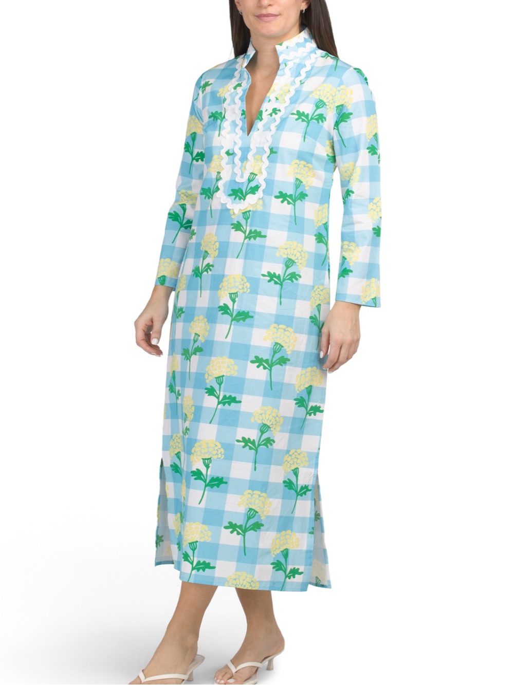 Sail to Sable Blue Gingham Yellow Hydrangea Floral Caftan Dress XS Extra Small - Picture 4 of 7